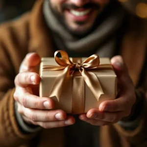 A man's hands holding a gift box with a warm, genuine smile