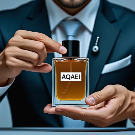 business man who use perfume in his hand with aqaei print